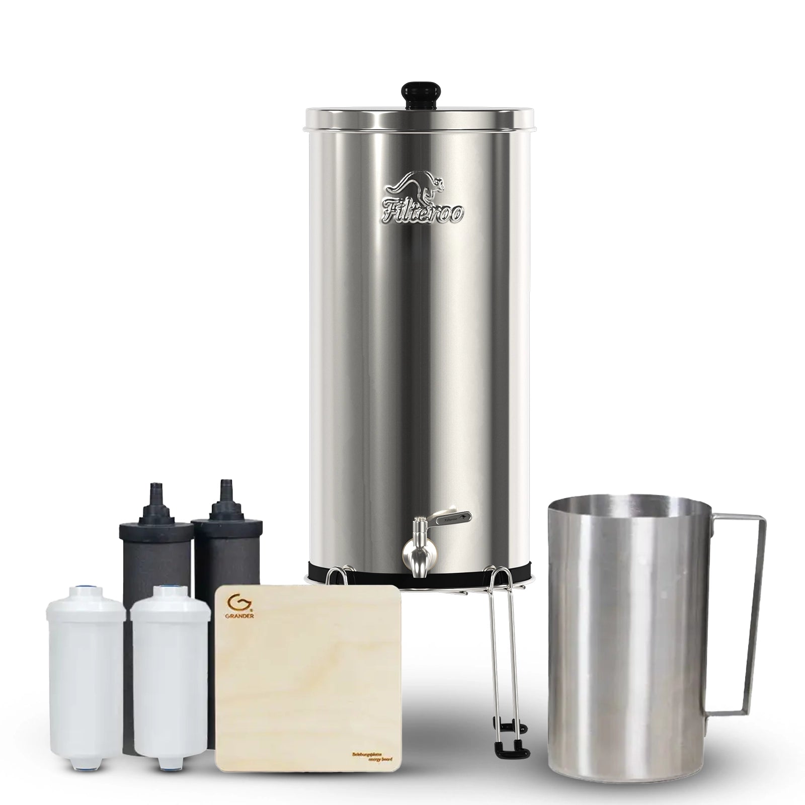 Filteroo® Superoo Stainless Steel Gravity Water Filter System with the two white Max Fluoride removal cartridges and two black carbon block cartridges alongside a wooden board known as the Grander Revitalising Board and a stainless steel jug