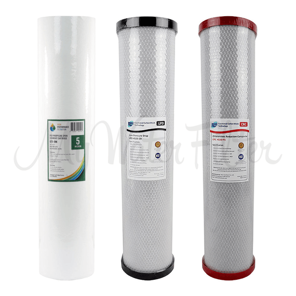 Three High Performance Filtration cartridges, each with white, black, and red end caps, from the HPF Triple Big Blue Chloramine Reduction system.