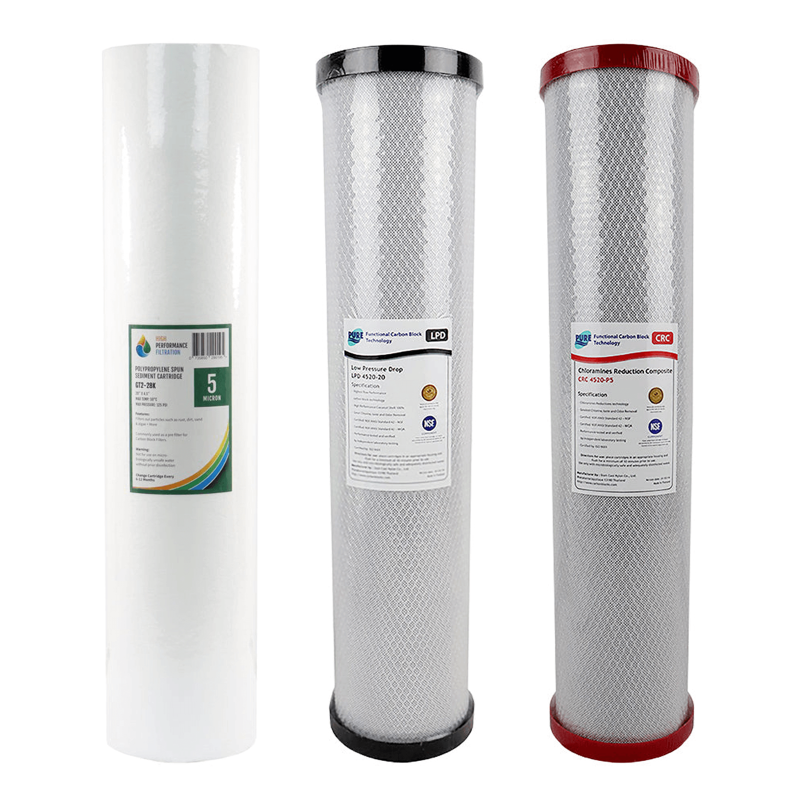 Three cartridges: polyspun sediment, carbon block, and a chloramine reduction. This is the Replacement Cartridge Pack for the HPF 20