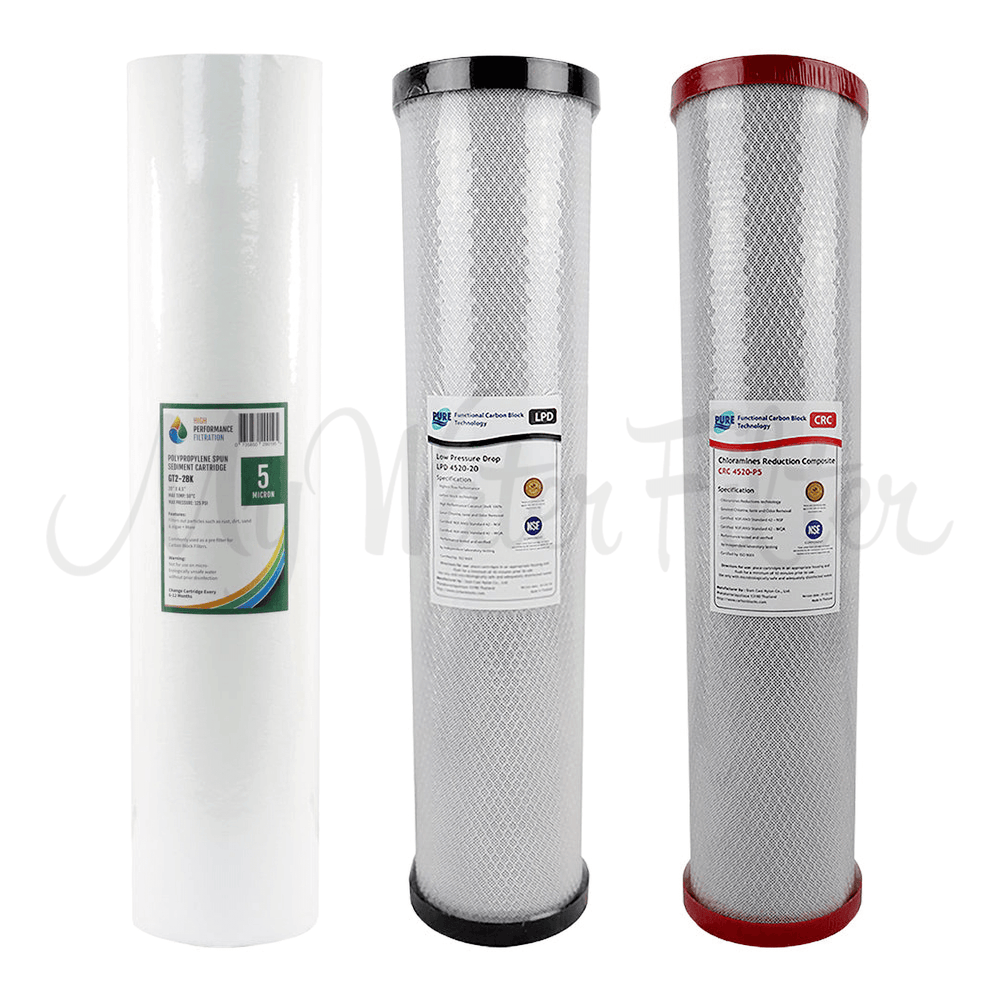 Three High Performance Filtration cartridges, each with white, black, and red end caps, from the HPF Triple Big Blue Chloramine Reduction system.