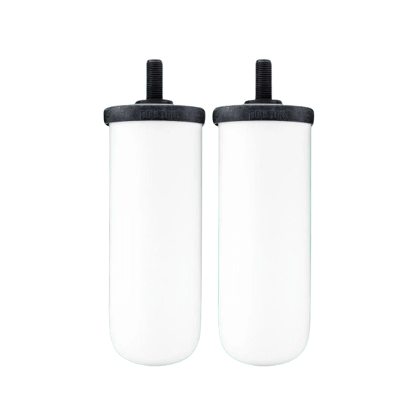 A twin pack of British Berkefeld 7" Ultra Fluoride Ceramic Water Filter Candles from Doulton, featuring two white cylindrical ceramic cartridges with black caps.
