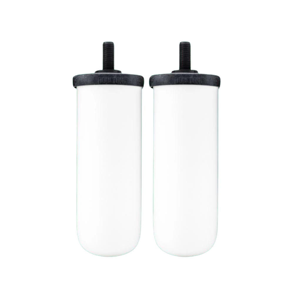 A twin pack of British Berkefeld 7" Ultra Fluoride Ceramic Water Filter Candles from Doulton, featuring two white cylindrical ceramic cartridges with black caps.