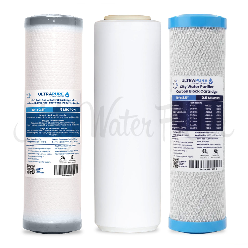 Replacement Cartridge Pack for ULTRAPURE 10" Triple Benchtop/Under Sink Water Filter with Fluoride Reduction & Sediment Protection