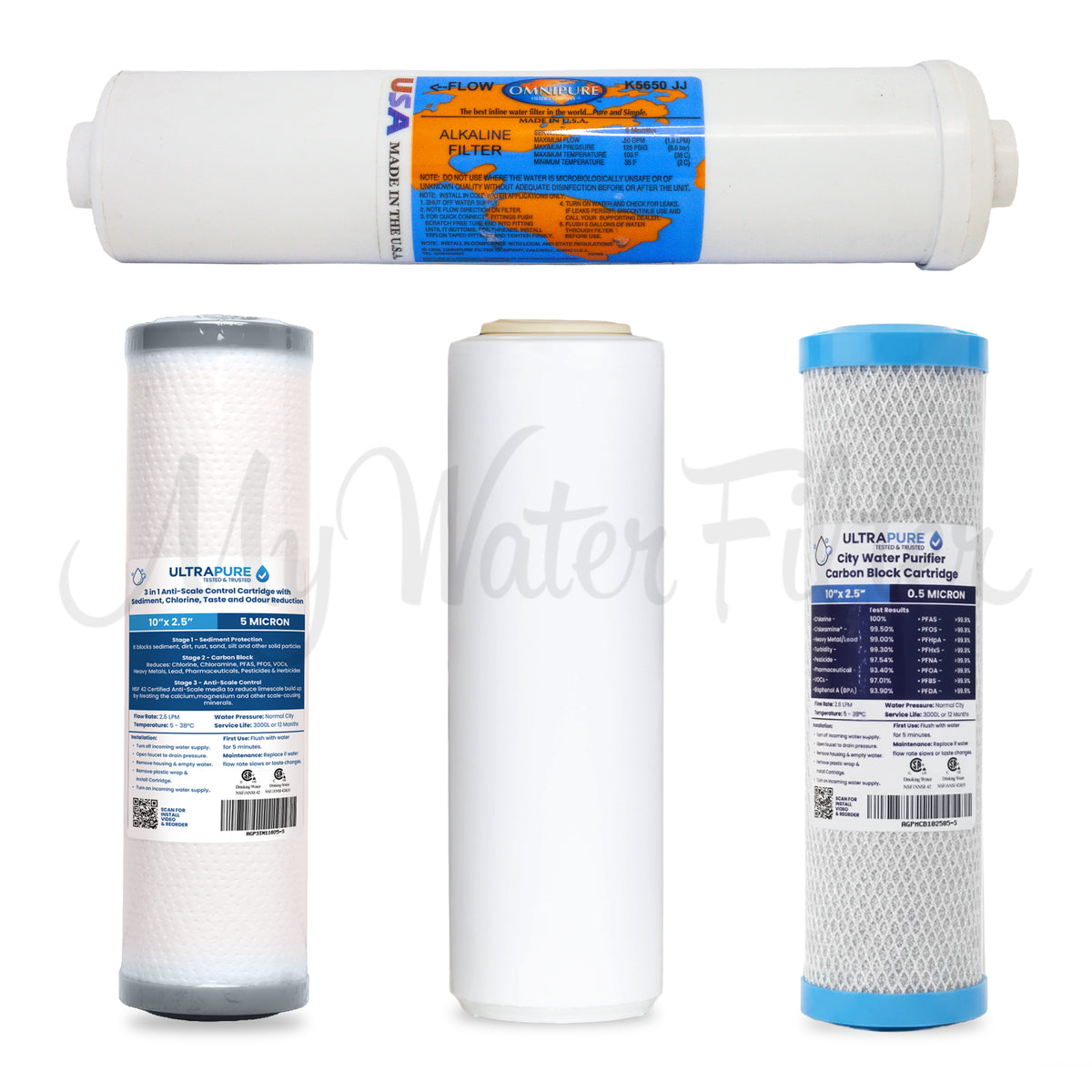 Replacement Cartridge Pack for ULTRAPURE 10" Triple Under Sink Alkaline Water Filter System with Fluoride Reduction & Sediment Protection