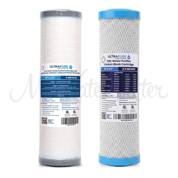 Two Ultrapure 10-inch water filter cartridges, featuring a 5-micron anti-scale sediment filter and a 0.5-micron carbon block filter.