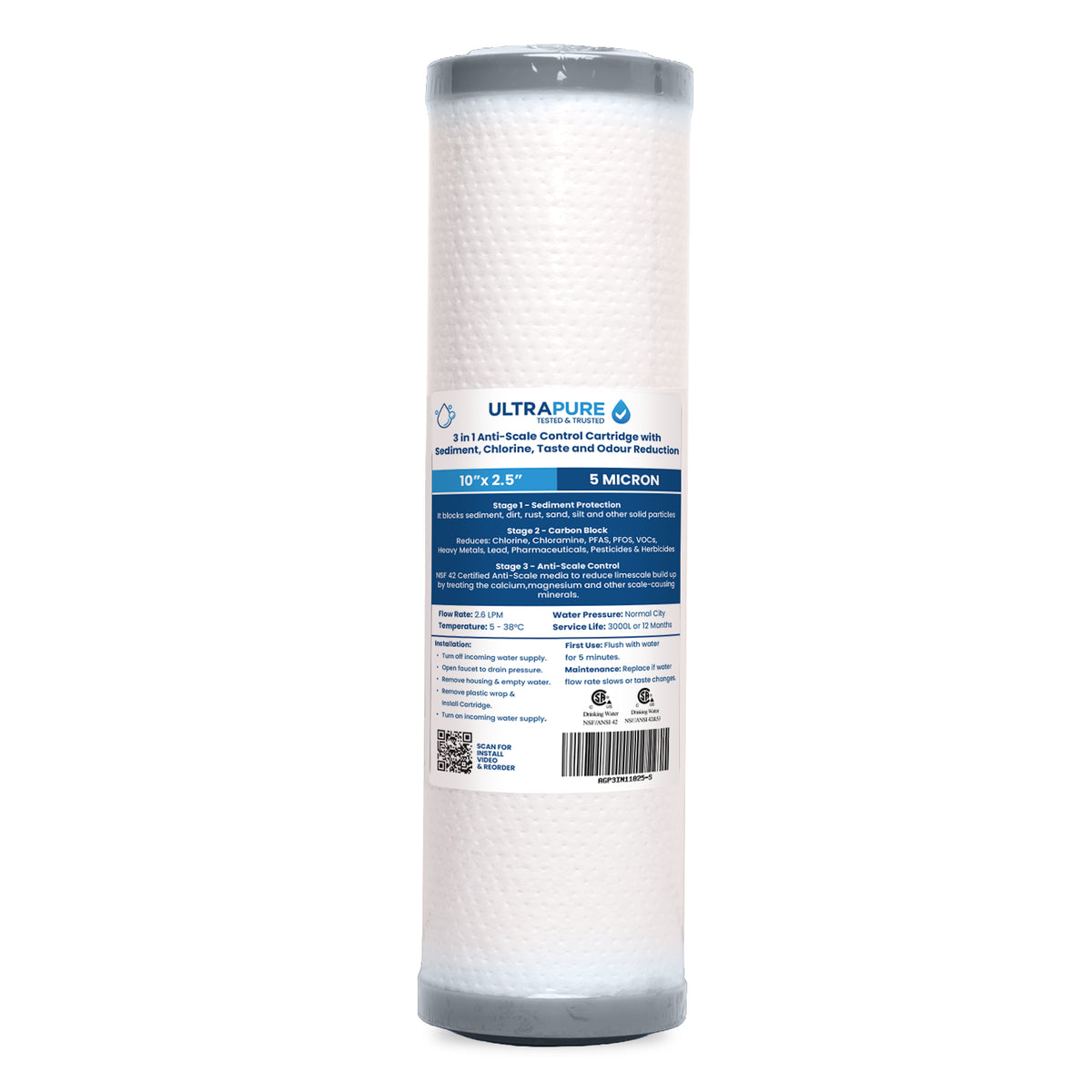 Ultrapure 3-in-1 anti-scale water filter cartridge, 10-inch by 2.5-inch, with a white filter body and grey caps.