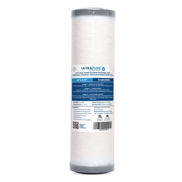 Ultrapure 3-in-1 anti-scale water filter cartridge, 10-inch by 2.5-inch, with a white filter body and grey caps.