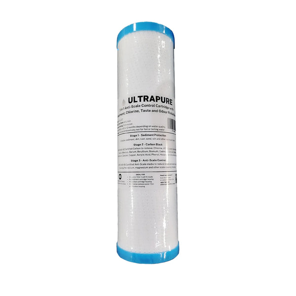 ULTRAPURE 10”x 2.5”  3 in 1 Anti-Scale Control Cartridge with Sediment, Chlorine, Taste and Odour Reduction in white background