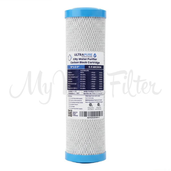 ULTRAPURE 0.5 Micron City Water Purifier Carbon Block Cartridge 10" x 2.5” with watermark