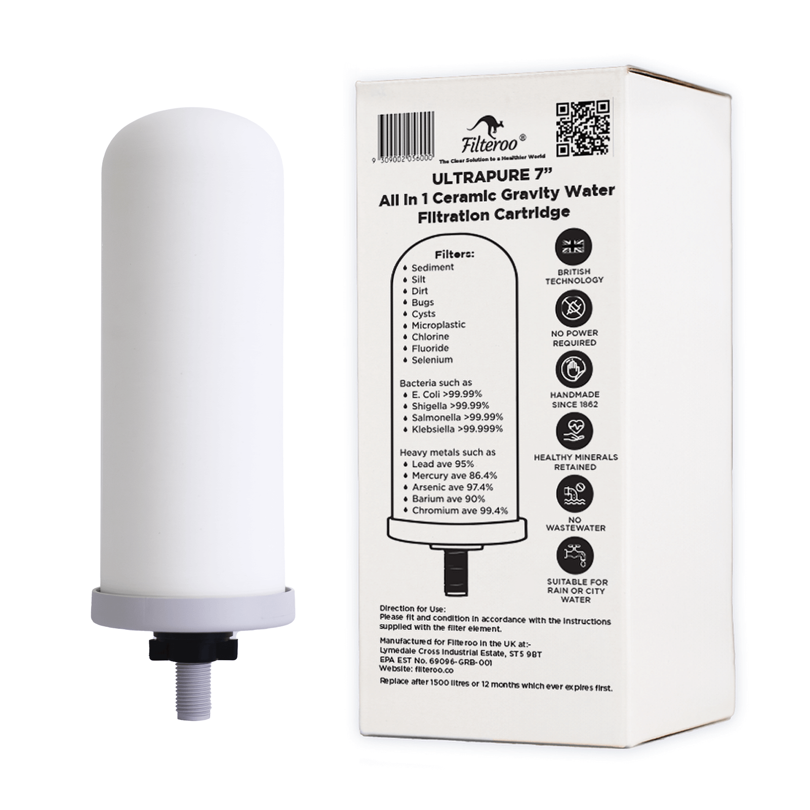 Filteroo® ULTRAPURE 7" All in 1 Ceramic Gravity Water Filtration Candle in white with a grey cap and locking nut and its packaging showing product details