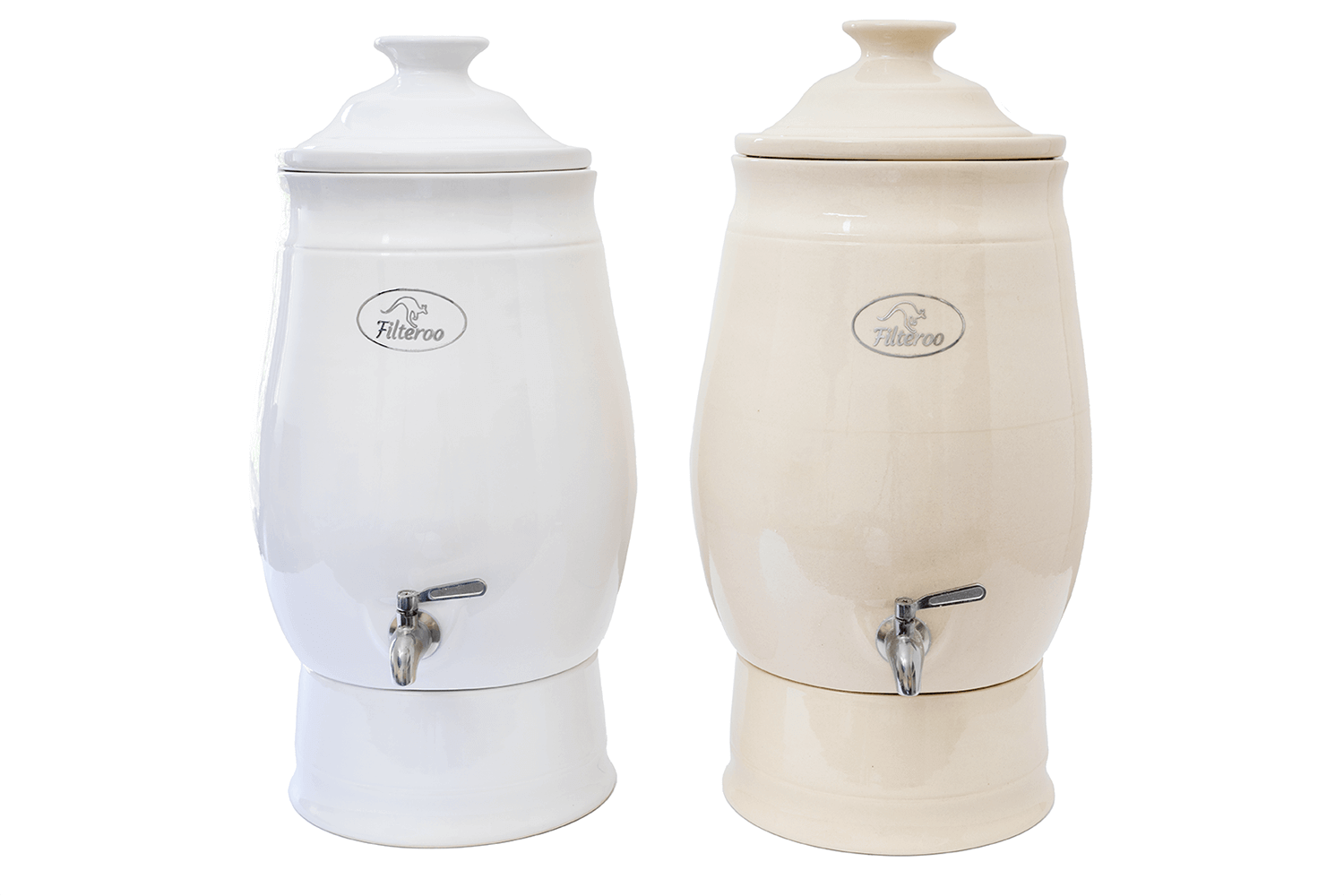 Two Filteroo® Joey 12L Gravity Ceramic Water Filters, one in white and the other in beige, featuring convenient spouts at the base and lids on top. Each employs a gravity-fed water filtration system for effective purification.