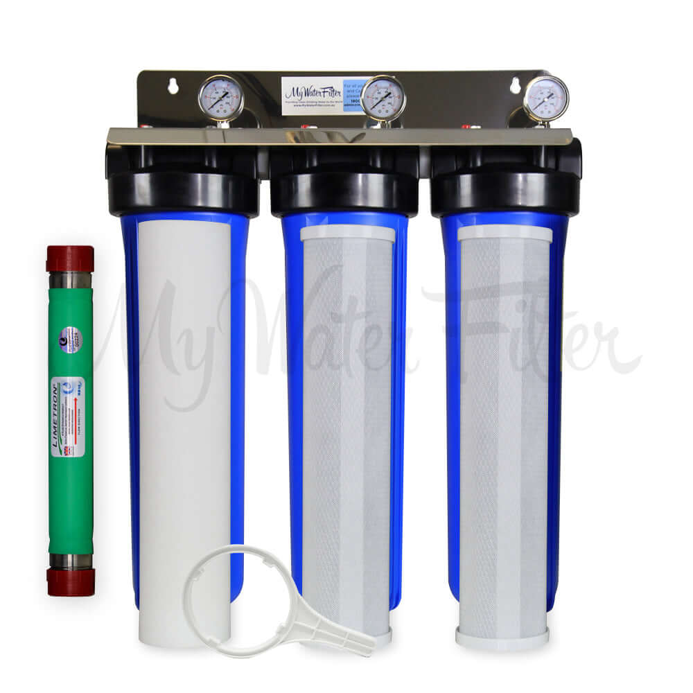 The MWF 20" x 4.5" Triple Big Blue Whole House Water Filter System Complete with a Hard Water Conditioner features blue housings with black head caps,  three pressure gauges on top of a stainless steel bracket, a set of cartridges composed of a polyspun sediment filter and two carbon block cartridges. On the left is a Limetron Hard Water Conditioner in its green cover and red end caps to efficiently address chlorinated water issues.