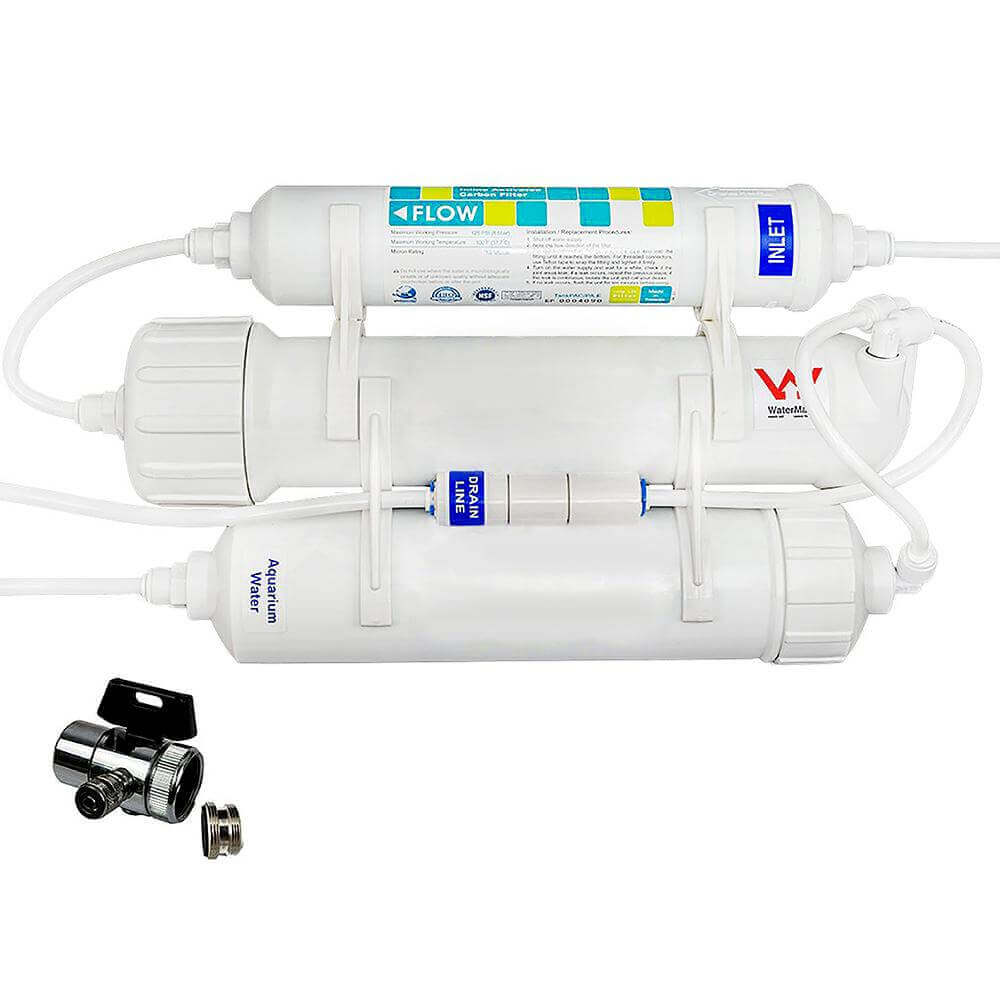 Reverse Osmosis Aquarium Water Filter System with three filters and metal valve attachment.