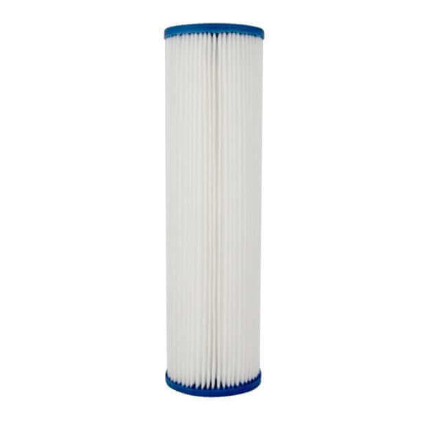 A 10 Micron Pleated Sediment water filter cartridge with a cylindrical shape and blue end caps to suit a 10