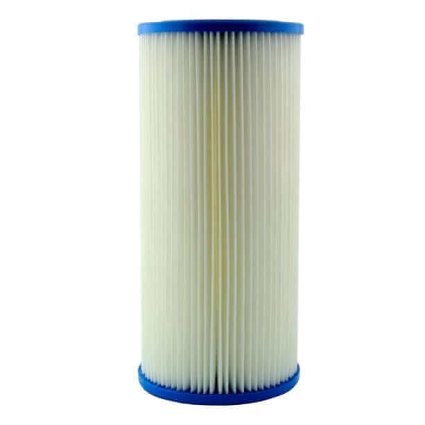 A white cylindrical 10 micron pleated sediment filter with blue caps on top and bottom, for whole house water systems, measuring 10