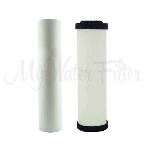 Doulton replacement cartridge pack for Ultracarb 0.5 Micron 10" includes two filter cartridges side by side: one entirely white polyspun sediment and Doulton ceramic with black caps on each end.