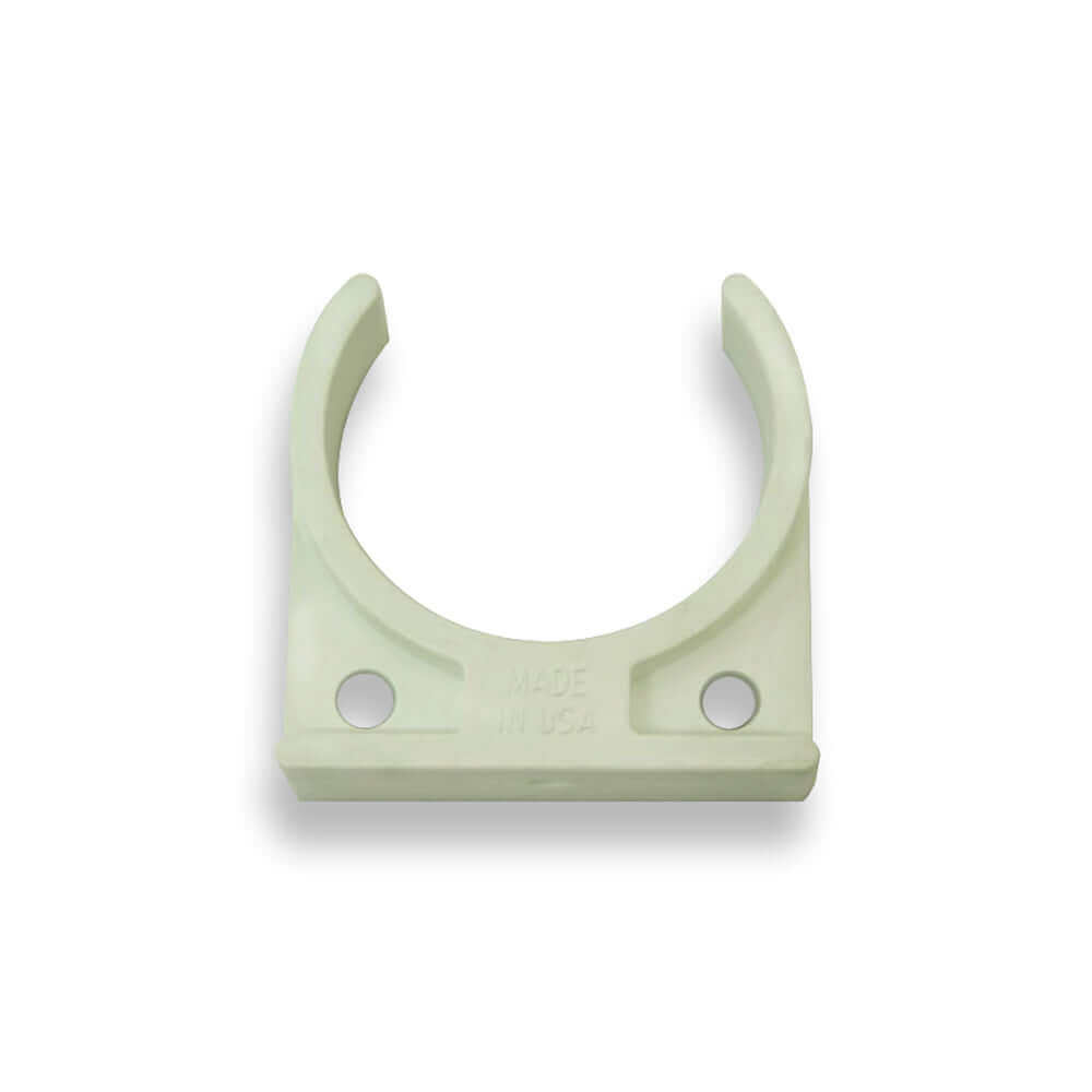 Bracket to Membrane Clip is a plastic pipe clamp featuring two screw holes and a semicircular opening