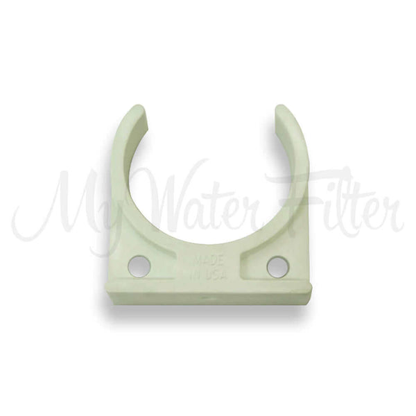 Bracket to Membrane Clip is a white plastic clamp featuring two mounting holes, designed for securing cylindrical objects.