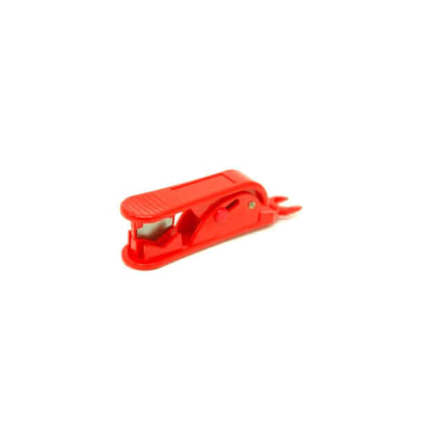 A red Plastic Tube Cutter, featuring a lever and blade, is designed for cutting or stripping tubes