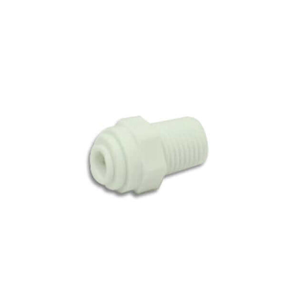 Close-up of a John Guest Straight Adaptor featuring a hexagonal middle, designed for 1/4