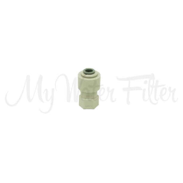 A small, white  plastic John Guest fitting with a threaded end and an open top is displayed on a white background, featuring a 7/16