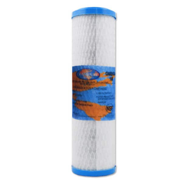 An Omnipure OMB934 cylindrical carbon block water filter cartridge with blue label and caps, measures 10