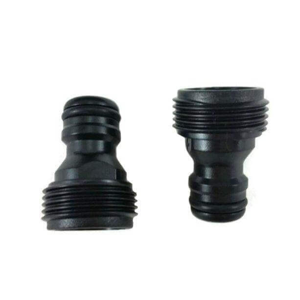 A pair of black pipe fittings featuring a 12mm push-in garden hose connection to a 3/4