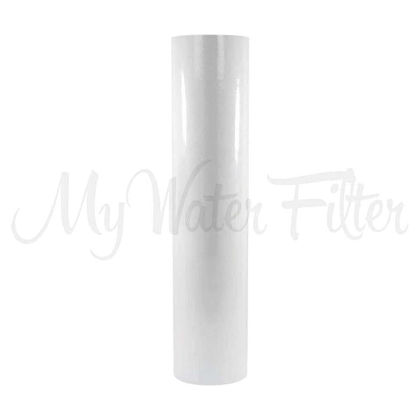 A white cylindrical 1 Micron Polyspun Sediment cartridge in 20" x 4.5" to suit Whole House Water Filter.