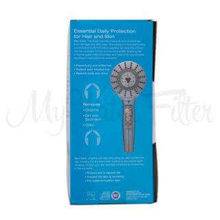 The elegant blue packaging of the Sprite Pure 7 Stage Hand Held Shower Head by Sprite features a diagram and text emphasizing its benefits, including the removal of chlorine and odours. This sophisticated 7 Stage Shower Filter guarantees a refreshing and clean shower experience.