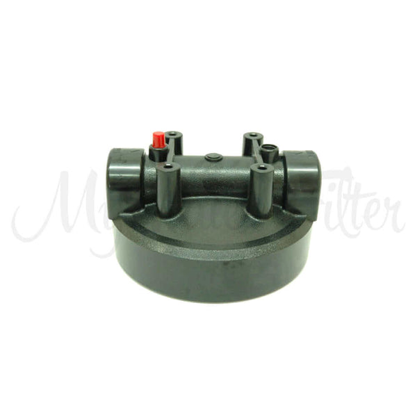 A Big Blue Black Cap filter head made of plastic with a 1" threaded inlet and outlet.