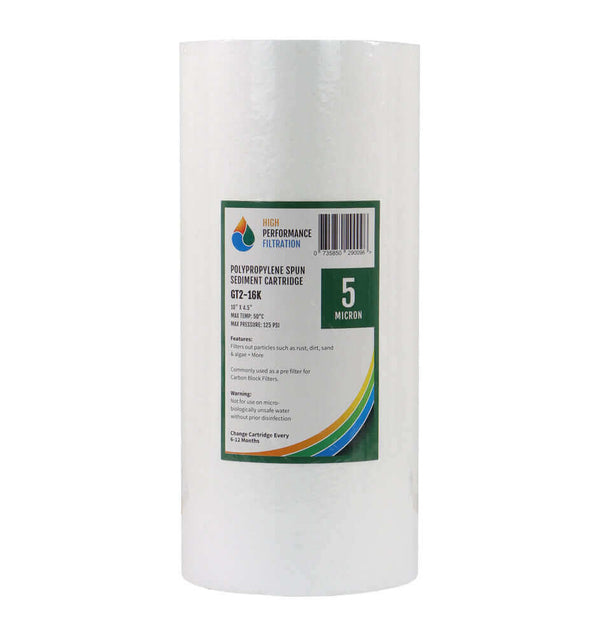 HPF 5 Micron Polyspun Sediment Whole House Water Filter Replacement Cartridge 10" x 4.5", a High Performance Filtration product, in white polypropylene.