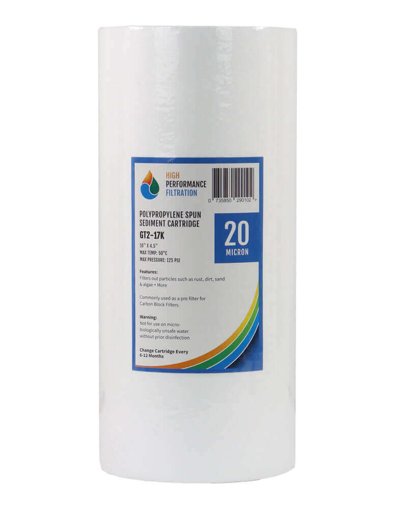HPF 20 Micron Polyspun Sediment Whole House Water Filter Replacement Cartridge features a white polypropylene design with a blue label showing specifications and boasts a high-performance filtration rating.