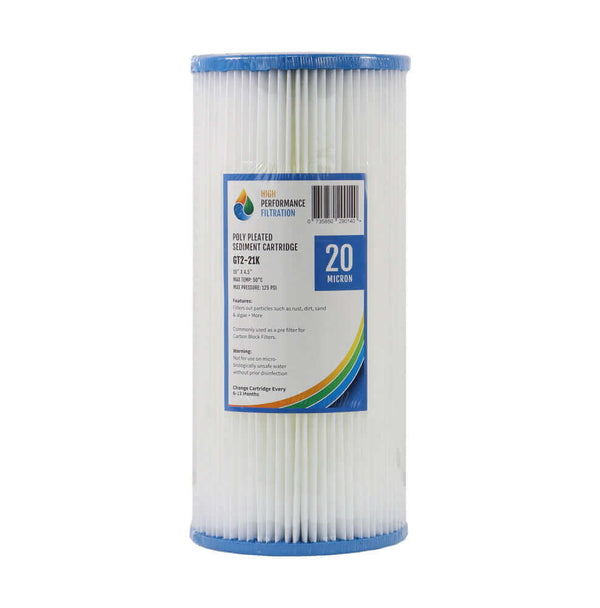 White cylindrical pleated sediment filter cartridge with a blue cap, labeled with information for the HPF Pleated Sediment Whole House Water Filter Replacement Cartridge 10