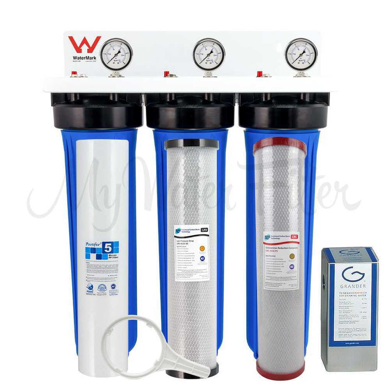 HPF 20" x 4.5" Triple Big Blue Whole House Chloramine Reduction Water Filter System Complete with GRANDER
