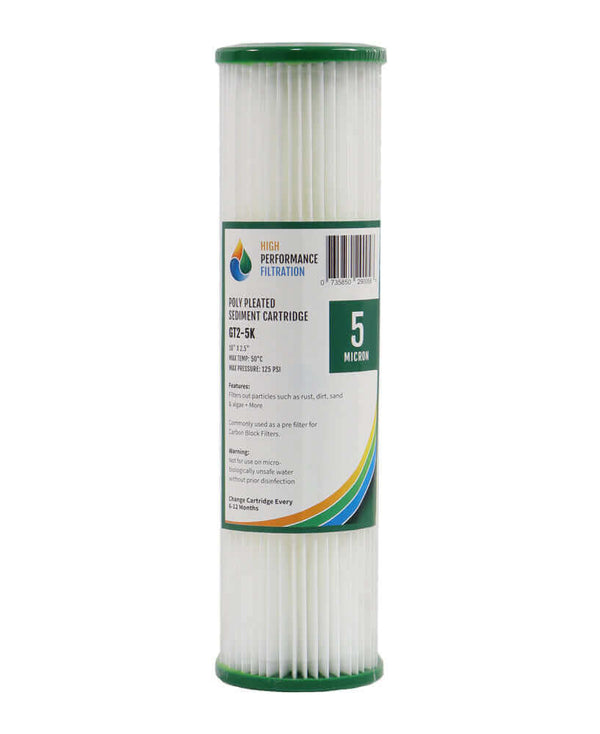 HPF Pleated Sediment Water Filter Replacement Cartridge 10" x 2.5" with a 5 micron rating for High Performance Filtration.