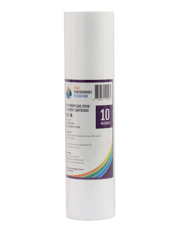 A white cylindrical polypropylene spun sediment filter cartridge, labeled as the 
