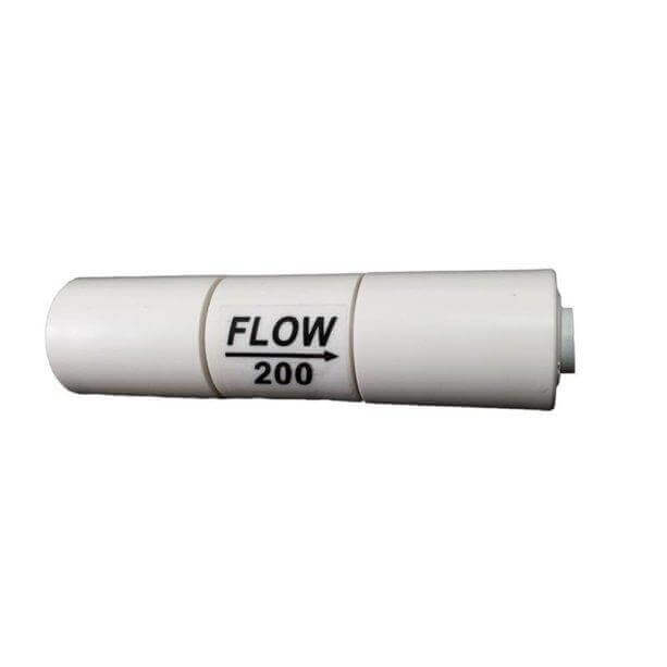 White cylindrical Flow Restrictor designed to fit Reverse Osmosis Water Filter Systems and featuring built-in 1/4