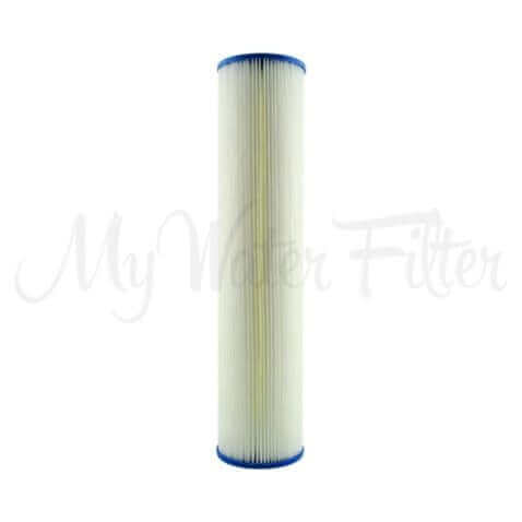 A  pleated sediment High Performance Filtration water filter cartridge, characterized by its white cylindrical shape and blue caps on both ends.