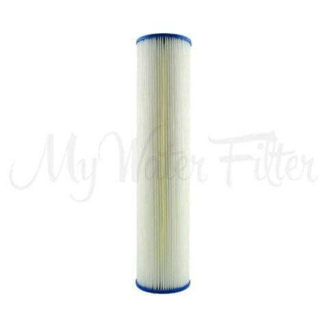 A pleated sediment cartridge from the Replacement Cartridge Pack features blue end caps on a cylindrical cartridge, set against a white background. This product is part of the MWF 20
