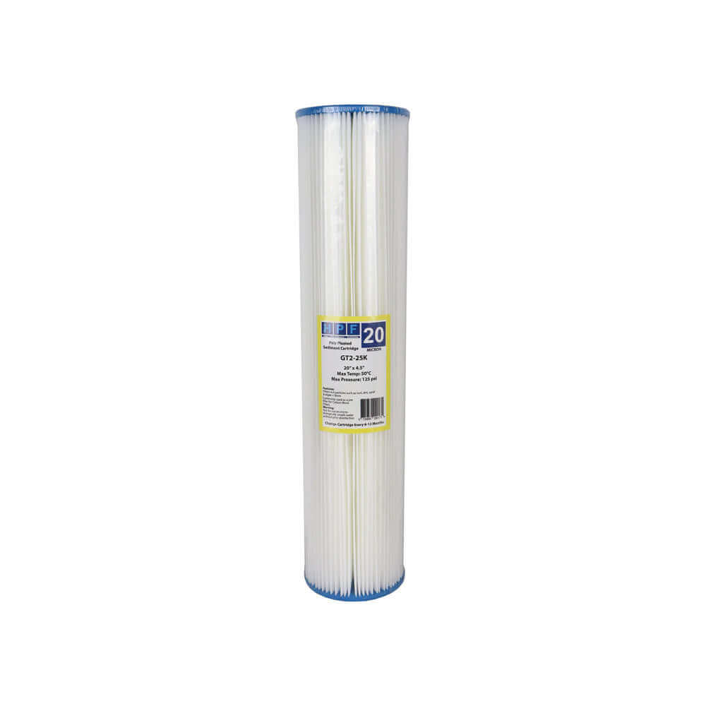 A High Performance Filtration pleated filter cartridge featuring a blue rim and a central label, designed for whole-house use with dimensions of 20