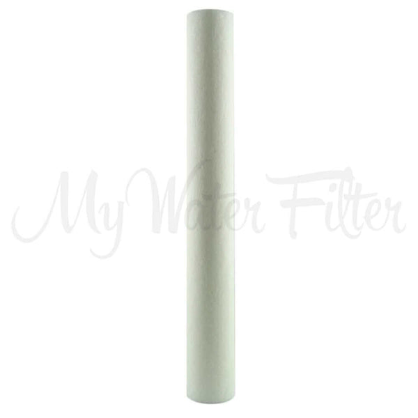 The HPF 20 Micron Polyspun Sediment Whole House Water Filter Replacement Cartridge, a vertical white cylinder featuring high-performance filtration, is set against a plain white backdrop and measures 20