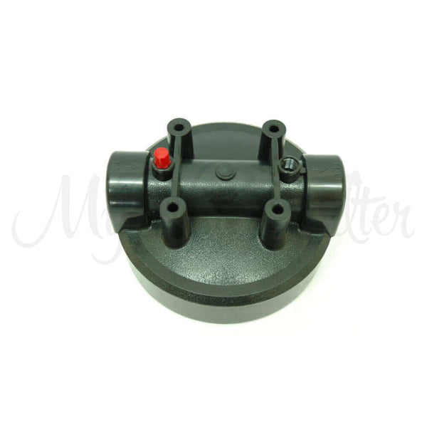 A whole house water filter head cap featuring connectors and a red button, branded as 