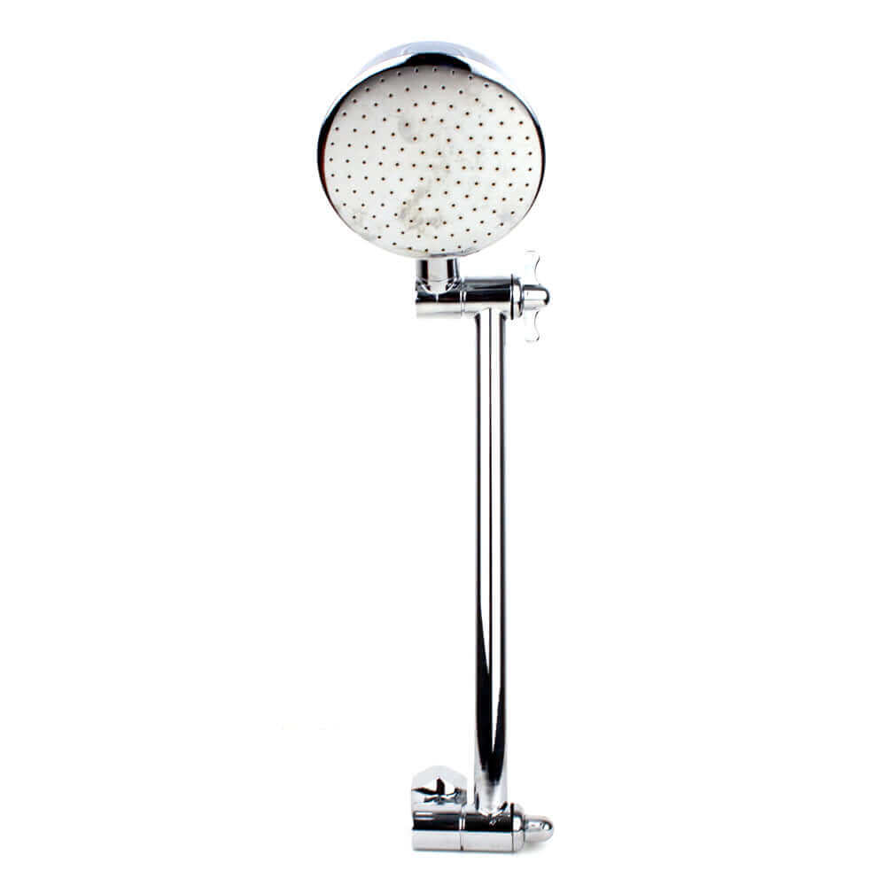 The Standard All Directional Shower Head with Arm offers a round design in chrome, featuring an adjustable wall-mounted arm and visible nozzles.