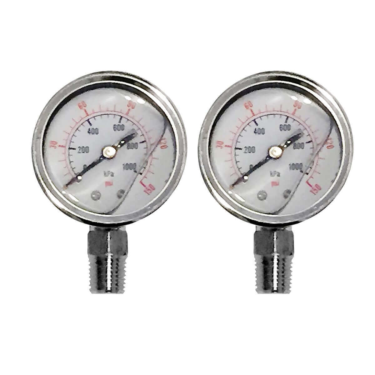 Two Water Filter Pressure Gauges featuring metal connectors and kPa measurements