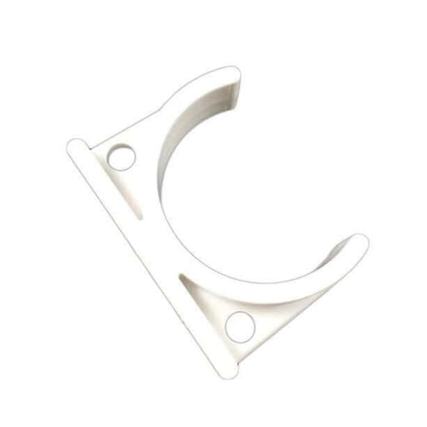 The wall Bracket Inline Clips is white plastic, with a semi-circular holder and two mounting holes.