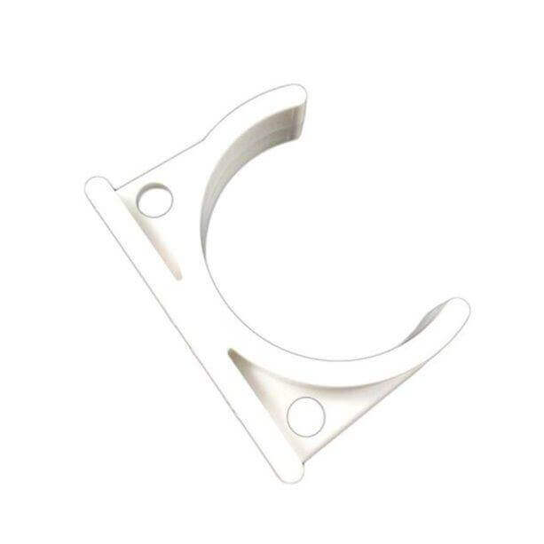 The Bracket Inline Clips, made of white plastic, features two screw holes and a semi-circular hook.