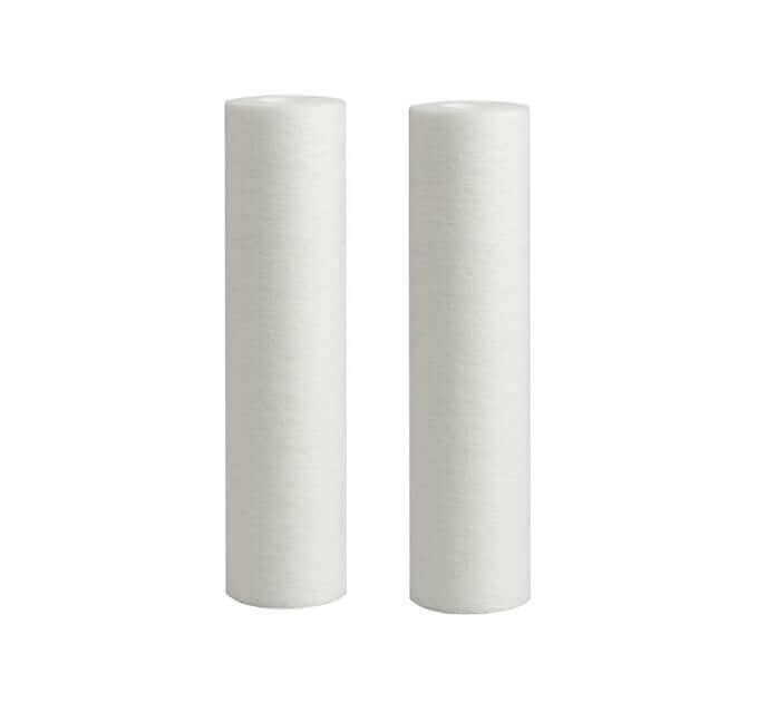 Two tall, cylindrical Polyspun Sediment Water Filter Replacement Cartridges in white standing upright on a plain white background.