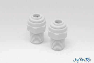 Two  white plastic push-in straight fittings with a 2 x 1/4