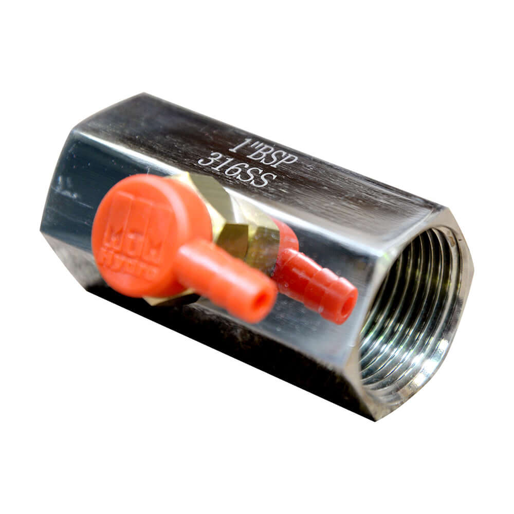 UV Guard UV Thermal Relief Valve 32250 featuring a metal hexagonal pipe fitting, red plastic valve, and threaded ends, marked 