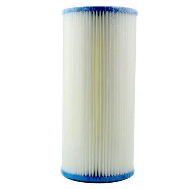 A Unicel Pleated Sediment Whole House Water Filter Replacement Cartridge, featuring a white cylindrical design with pleats and blue caps on both ends, measures 10